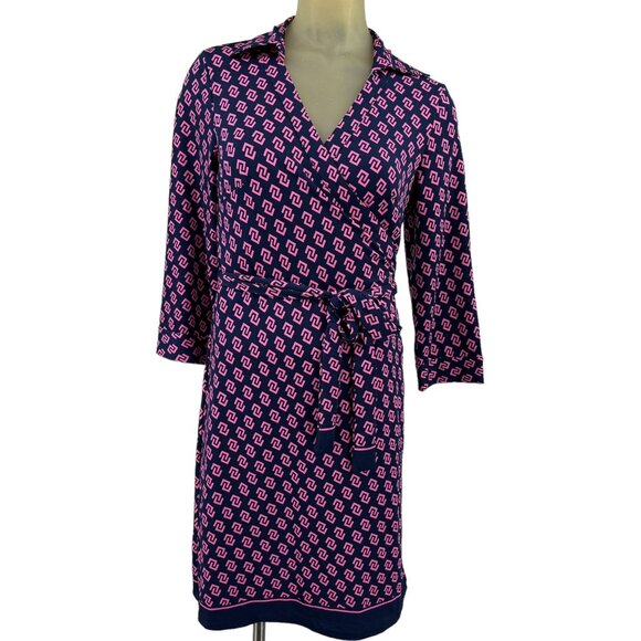 Julie Brown NYC Womens Wrap Dress Pink Navy Print Size Medium scuba knit - Picture 2 of 7